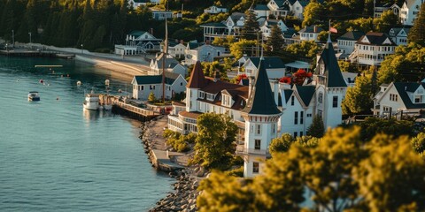 Poster - A picturesque view of a small town situated on the water. Perfect for travel brochures or website banners