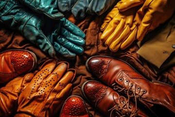 Poster - A collection of leather gloves neatly arranged on a bed. Ideal for fashion or accessories related projects