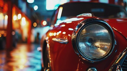 Poster - Close up view of the front of a red car. Can be used in automotive industry advertisements or articles