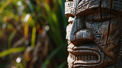 Poster - A detailed shot of a wooden statue with a lush plant in the background. Perfect for adding a natural touch to any design project
