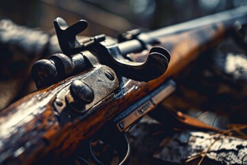 Poster - A detailed view of a rifle lying on the ground. Suitable for military, hunting, or crime-related themes