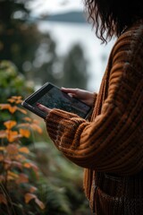Aufkleber - A woman holding a tablet computer. Can be used for technology and communication concepts