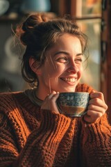 Poster - A smiling woman holding a cup of coffee. Perfect for coffee lovers or cafes looking for an inviting image to use in their marketing materials