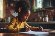 A little girl sitting at a table writing on a piece of paper. This image can be used to depict education, creativity, or learning activities