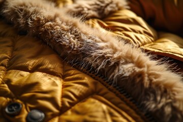 Aufkleber - A close-up view of a jacket with fur on it. Perfect for winter fashion or outdoor activities
