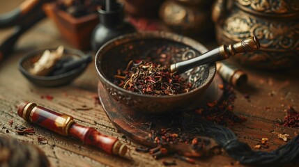 Aufkleber - A wooden table with a metal bowl filled with an assortment of aromatic spices. Perfect for food and cooking related projects