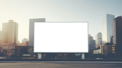 Blank billboard on busy city street during sunrise, perfect for advertising campaigns. Urban marketing concept. Generative AI