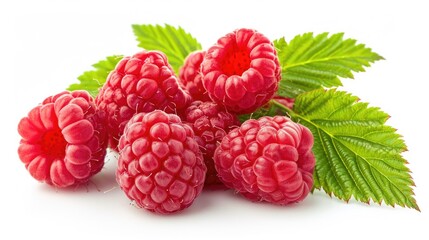 Poster - A collection of ripe raspberries with fresh green leaves, placed on a clean white surface. Perfect for food and nutrition-related projects