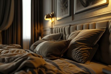 Poster - A bed covered with numerous pillows, creating a cozy and inviting atmosphere. Perfect for enhancing the comfort and relaxation of any bedroom setting