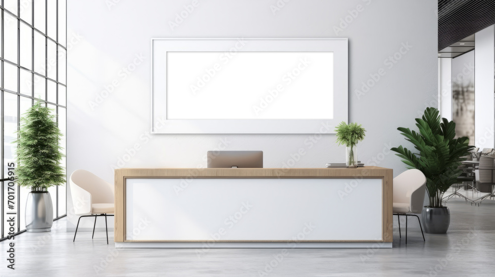Modern office reception with wooden desk and indoor plants. Interior ...