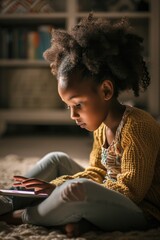 Poster - A little girl sitting on the floor, engrossed in using a cell phone. Suitable for illustrating technology and digital communication concepts