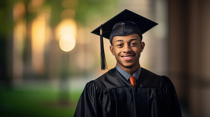 Wall Mural - Man in graduation gown and cap, university campus background. success concept. Generative AI