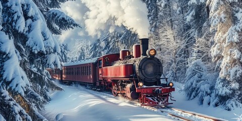 Aufkleber - A picturesque scene of a red train traveling through a snowy forest. Perfect for winter travel or holiday-themed projects
