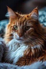 Aufkleber - A cozy orange and white cat rests on a soft blue blanket. Perfect for pet lovers and animal-themed projects