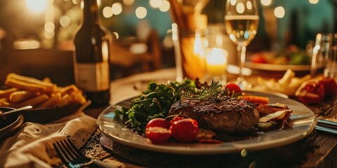 Poster - A picture of a plate of food on a table with a glass of wine. Perfect for food and beverage related projects