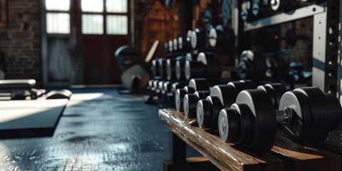 Poster - A row of dumbbells lined up in a gym. Perfect for fitness and weightlifting concepts