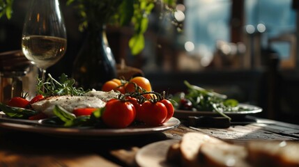 Aufkleber - A wooden table topped with plates of food and a glass of wine. Perfect for food and beverage related content