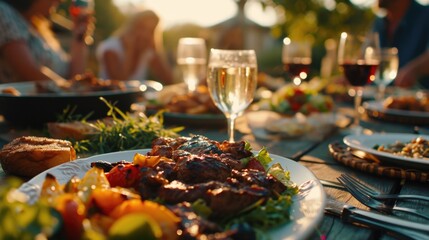 Poster - A plate of food and a glass of wine on a table. Perfect for restaurant menus or food and wine blogs