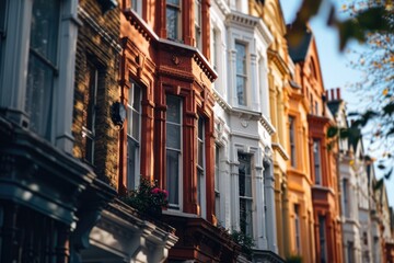 Poster - A row of buildings with a clock displayed in one of the windows. Suitable for various applications
