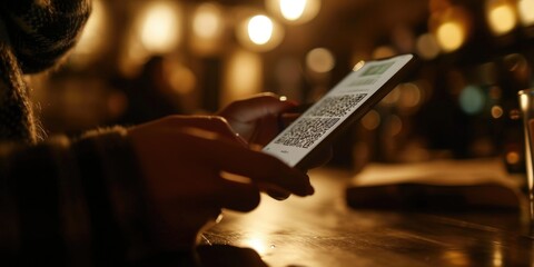 Wall Mural - A person is seen using a cell phone at a bar. This image can be used to depict modern technology usage or socializing in a bar setting