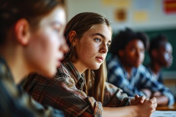 Poster - A group of young people sitting together at a table. This image can be used to depict friendship, teamwork, social gathering, or a casual meeting