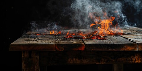 Aufkleber - Smoke and fire billowing from a wooden table. Perfect for illustrating danger or destruction.