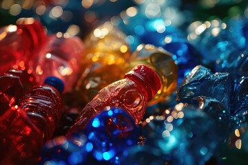 Poster - A close-up view of a bunch of plastic bottles. This image can be used to represent recycling, pollution, plastic waste, or environmental issues
