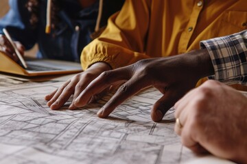 Poster - Two people sitting at a table, actively engaged in working on a project. Suitable for business, teamwork, collaboration, and office-related themes