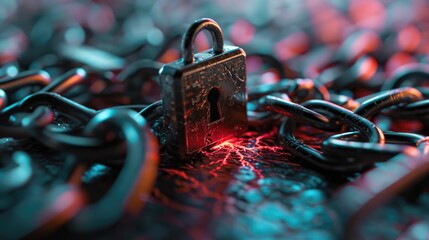 Poster - A detailed close-up of a lock on a chain. Suitable for security, protection, or privacy concepts