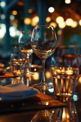 Poster - A close-up shot of a wine glass placed on a table. Suitable for various uses