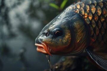 Poster - A detailed close-up view of a fish with its mouth wide open. This image can be used to depict aquatic life, marine biology, or the feeding behavior of fish