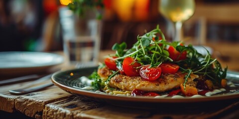Aufkleber - A close-up view of a plate of food on a table. Ideal for food bloggers, restaurant menus, or cooking websites