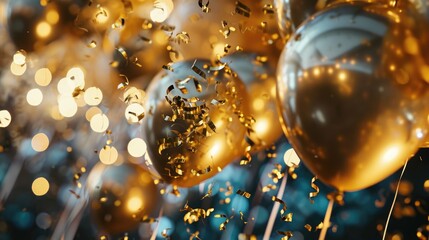 Poster - A vibrant image showcasing a bunch of gold balloons and confetti. Perfect for adding a touch of celebration and joy to any occasion.