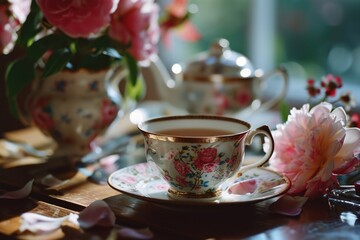 Aufkleber - A simple and elegant tea cup and saucer placed on a table. Perfect for adding a touch of sophistication to any tea-related project or design