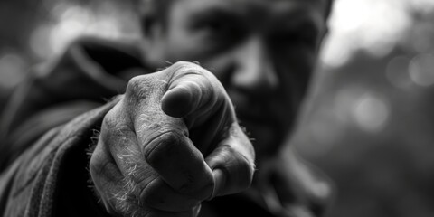 Aufkleber - A black and white photo of a man pointing directly at the camera. Suitable for various uses