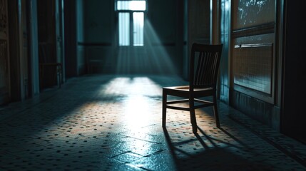 Poster - A wooden chair sits in the middle of a hallway. Perfect for interior design projects or home decor inspiration