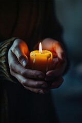 Poster - A person holding a lit candle in their hands. Can be used to depict hope, spirituality, or a peaceful atmosphere.