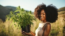 A Woman Holds A Pot Of Flowering Cannabis Against A Green Field.