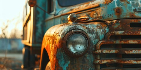 Aufkleber - An old rusted truck parked in a field. Suitable for industrial, vintage, or transportation themes