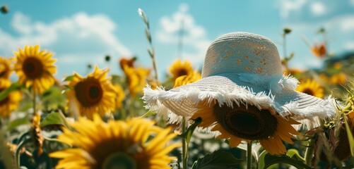 Wall Mural - Pearl white fluffy hat on a sunflower-filled field under a clear azure sky.
