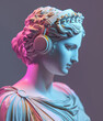 Antique sculpture of a woman with headphones