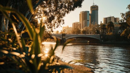 Poster - A picturesque bridge spanning over a flowing river with towering buildings in the background. Ideal for urban landscape and cityscape concepts