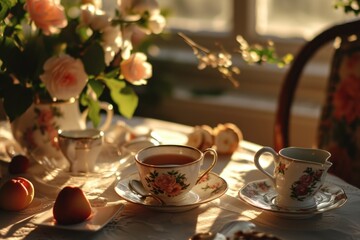 Poster - A cup of tea and a vase of flowers placed on a table