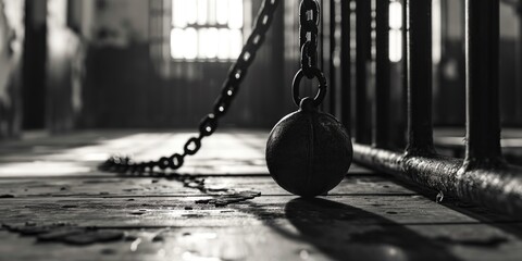 Poster - A ball is chained to a chain in a jail cell. Suitable for depicting confinement, restriction, and imprisonment. Can be used in various projects related to crime, punishment, and captivity