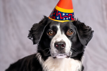 Wall Mural - dog on holiday. black and white beautiful dog with a festive cone on its head, close-up. animals concept