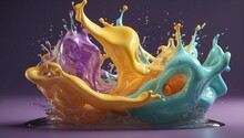 Artistic Abstract Splash With Liquid Curves In Purple And Mint, Highlighted By Yellow Droplets, Creating A Whimsical Wave On A Dark Background
