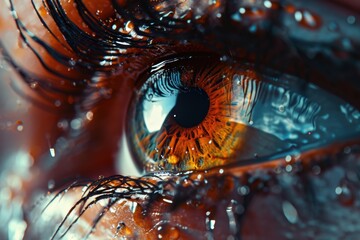 Poster - A close-up view of a person's eye with water droplets on it. This image can be used to depict concepts of refreshment, clarity, or emotions such as tears or sadness