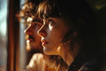 Poster - A man and a woman standing together, looking out a window. This image can be used to depict curiosity, anticipation, or simply observing the outside world