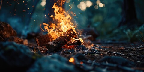 Poster - A picture of a campfire in the middle of a forest. This image can be used to depict camping, outdoor activities, or a cozy bonfire