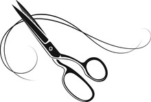 Hair Stylist Scissors And Beautiful Curly Curl Of Hair. Design For A Beauty Salon
